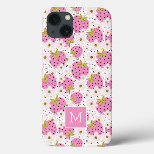 Roze aardbeien Aangepaste monogram telefoondozen iPhone 13 Hoesje