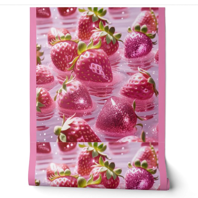 Roze aardbeien behang (Afrollen)