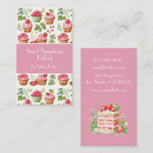 Roze Aardbeien Cupcake Waterverf Bakkerij Bedrijf Visitekaartje