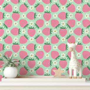 Roze aardbeien en bloesems op mintgroen behang