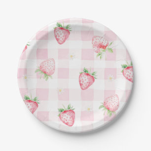 Roze Aardbeien Gingham Bes Eerste 1e Verjaardag Papieren Bordje