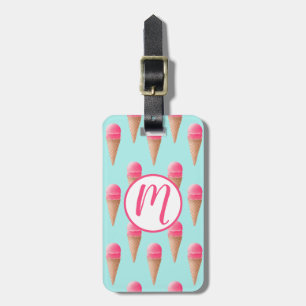 Roze Aardbeien Ice Cone Pattern, Blue Bagagelabel