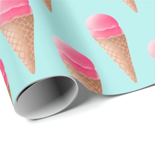 Roze Aardbeien Ice Cone Pattern, Blue Cadeaupapier (Rol Hoek)
