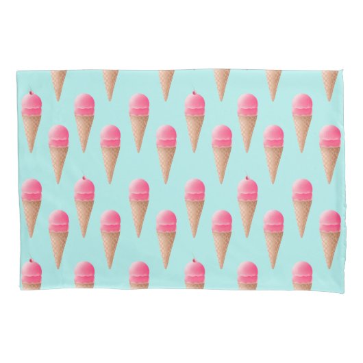 Roze Aardbeien Ice Cone Pattern, Blue Kussensloop (Voorkant)