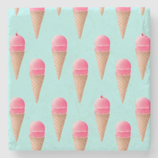 Roze Aardbeien Ice Cone Pattern, Blue Stenen Onderzetter (Voorkant)