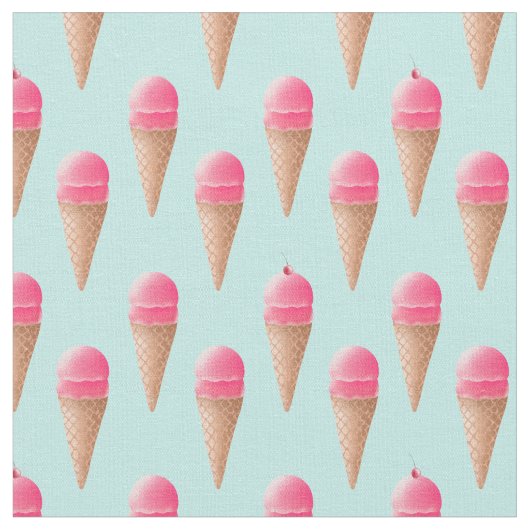 Roze Aardbeien Ice Cone Pattern, Blue Stof (Close Up)