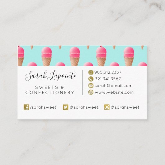 Roze Aardbeien Ice Cone Pattern, Blue Visitekaartje (Achterkant)