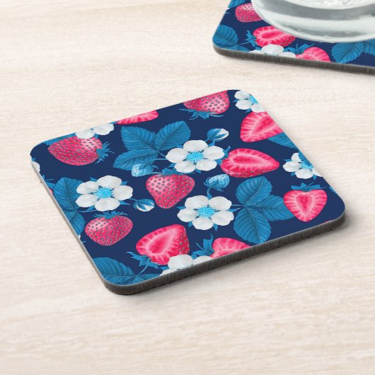 Roze aardbeien op blauw bier onderzetter (Linkerzijde)