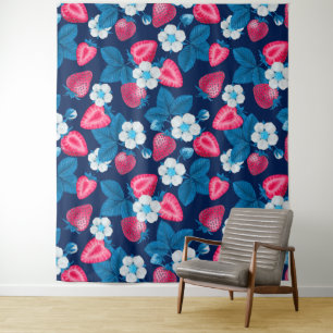 Roze aardbeien op blauw wandkleed