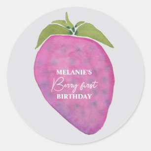 Roze aardbeienbes eerste verjaardag ronde sticker
