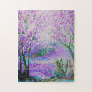 Roze Abstract Landschap met Bomen en Legpuzzel