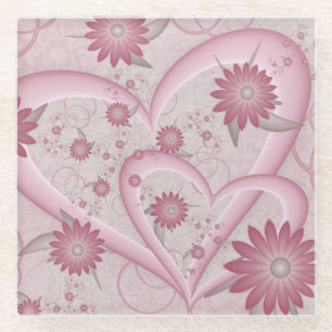 Roze abstracte harten en bloemen liefde fractale k glazen onderzetter