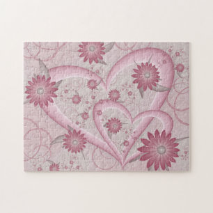 Roze abstracte harten en bloemen liefde fractale k legpuzzel