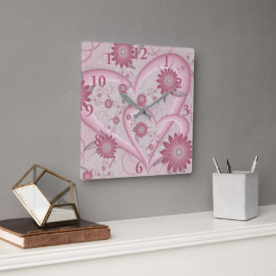 Roze abstracte harten en bloemen liefde fractale k vierkante klok