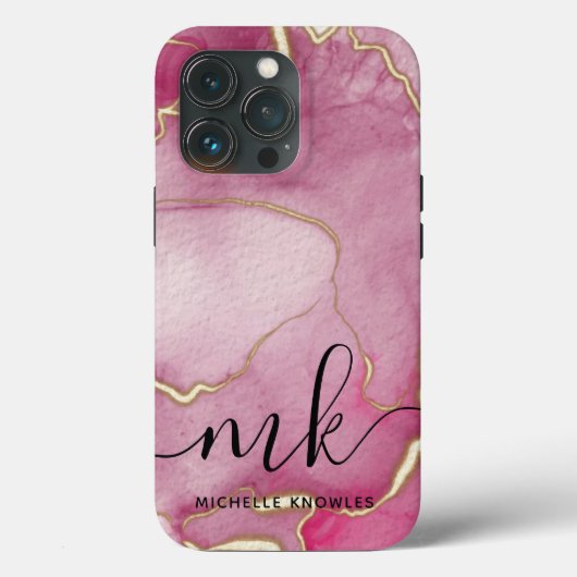 Roze Abstracte marmer met monogram en naam Case-Mate iPhone Case (Achterkant)