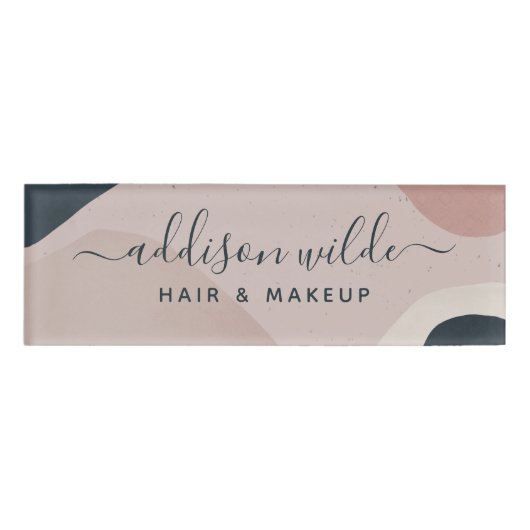 Roze Abstracte vormen van Navy Blue Modern Neutraa Naambadge (Voorkant)