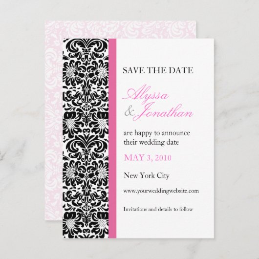 Roze accenten Damask Save the Date Kaart (Voorkant / Achterkant)