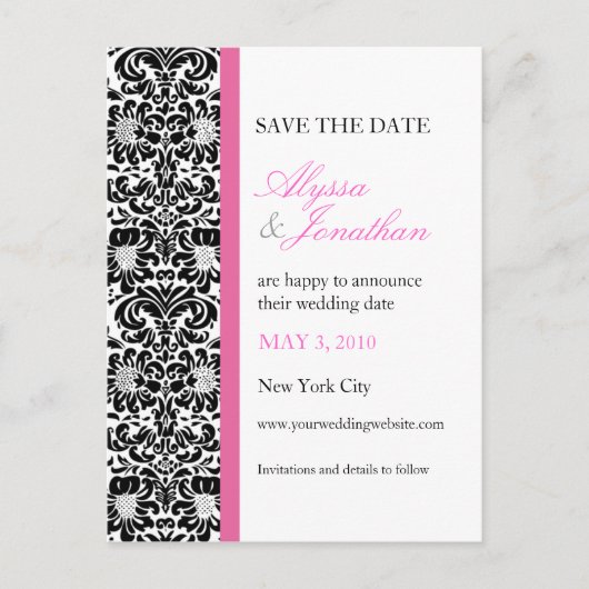 Roze accenten Damask Save the Date Kaart (Voorkant)
