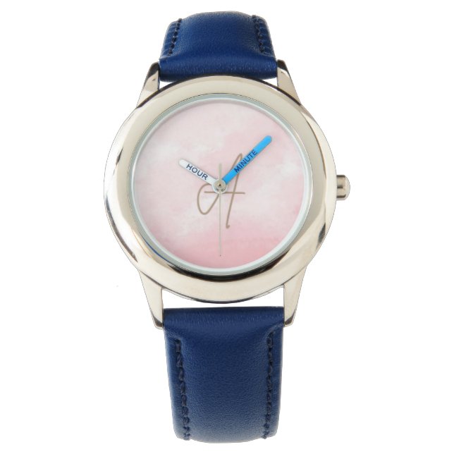 Roze achtergrond Gold Script Initiaal Horloge (Voorkant)