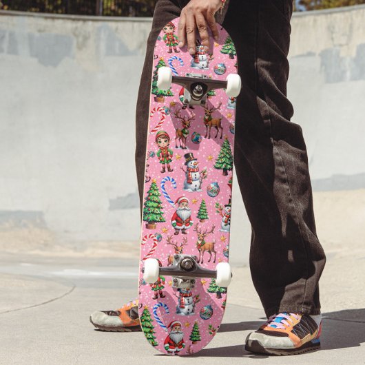 Roze Achtergrond Kerst Decoratiepatroon Skateboard
