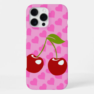 Roze achtergrond met rode harten en twee kersen iPhone 16 pro max hoesje