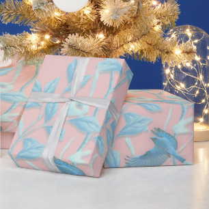 Roze achtergrond met vogels en bloemen cadeaupapier