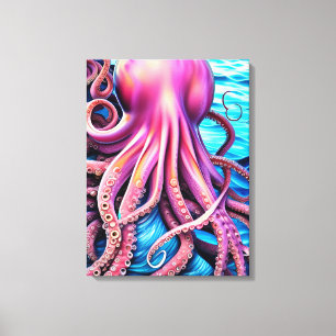 Roze achtergrond octopus Blue Ocean Wave Canvas Afdruk