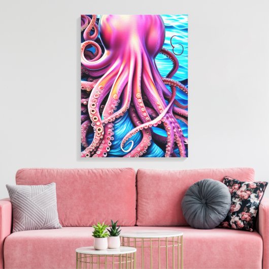 Roze achtergrond octopus Blue Ocean Wave Canvas Afdruk (Insitu (Woonkamer))