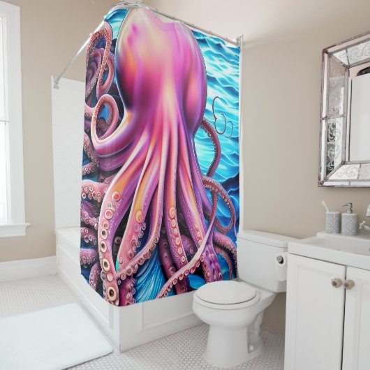 Roze achtergrond octopus Blue Ocean Wave Douchegordijn (In situ)