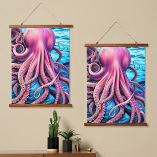 Roze achtergrond octopus Blue Ocean Wave Hangend Wandkleed
