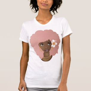 Roze Afro, ventilator in haar T-shirt
