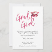 Roze Afstuderen Invitation - Afstudeerder Meisje Kaart (Voorkant)