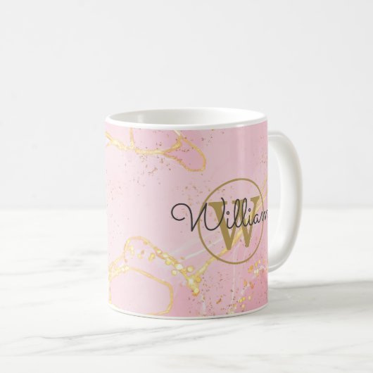 Roze Agate Geode Gouden Monogram Script Naam Koffiemok (Voorkant rechts)