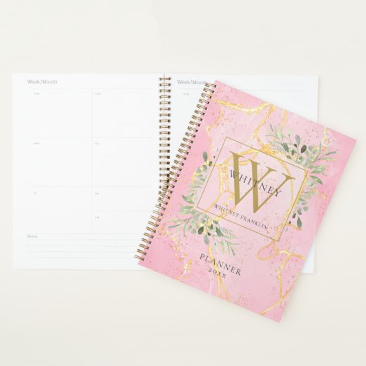 Roze Agate Geode Groene Monogram Naam 2023 Planner (Display)