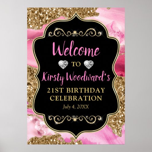 Roze Agate Geode Slices en Gold Glitter Birthday Poster (Voorkant)