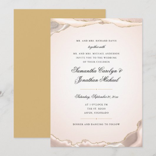 Roze Agate Gouden Glitter Script Bruiloft Kaart (Voorkant / Achterkant)