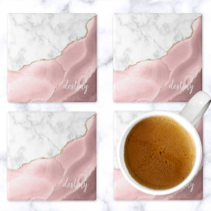 Roze Agate Handtekening Wit Marmer Goud Stenen Onderzetter