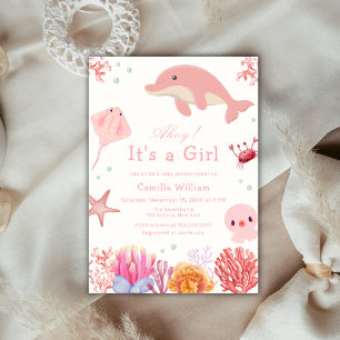 Roze Ahoy onder het Zee Dolphin Girl Baby shower Kaart