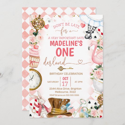 Roze Alice in Onederland 1e verjaardag Uitnodiging (Voorkant / Achterkant)