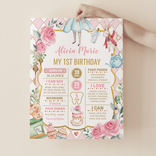 Roze Alice in Wonderland Birthday Stats Milestone Poster