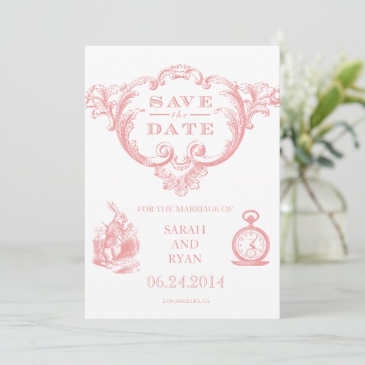 Roze Alice in Wonderland Save the Date (Staand voorkant)