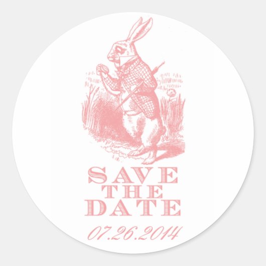 Roze Alice in Wonderland Save the Date Stickers (Voorkant)