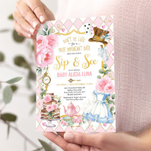 Roze Alice in Wonderland Sip & See Baby shower Tea Kaart
