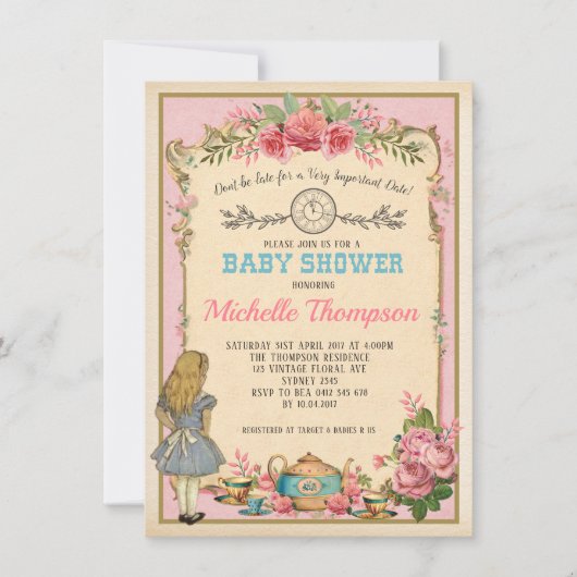 Roze Alice in Wonderland Tea Party nodigt uit Kaart (Voorkant)