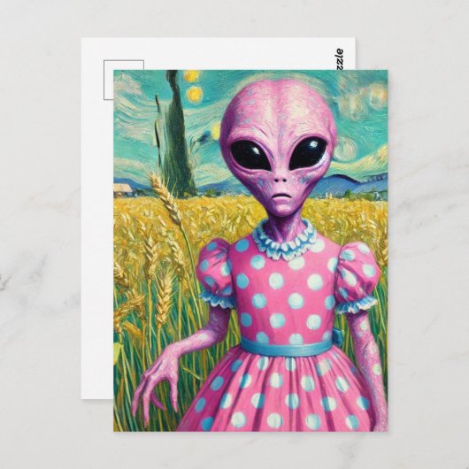 Roze Alien in een Polka Dot Jurk in Tarweveld Briefkaart (Voorkant / Achterkant)