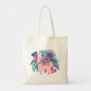 Roze alpiaca, lamatropische bladeren en bloemen va tote bag