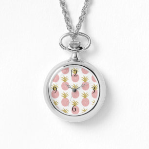 Roze anananas Silver Wrap rond keten Horloge