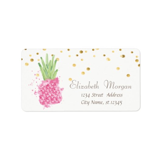 Roze Ananas Goud Folie Confetti Etiket (Voorkant)