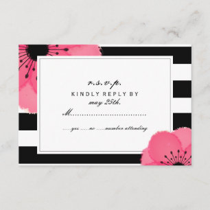 Roze Anemone Floral Black + White Stripe RSVP Kaartje