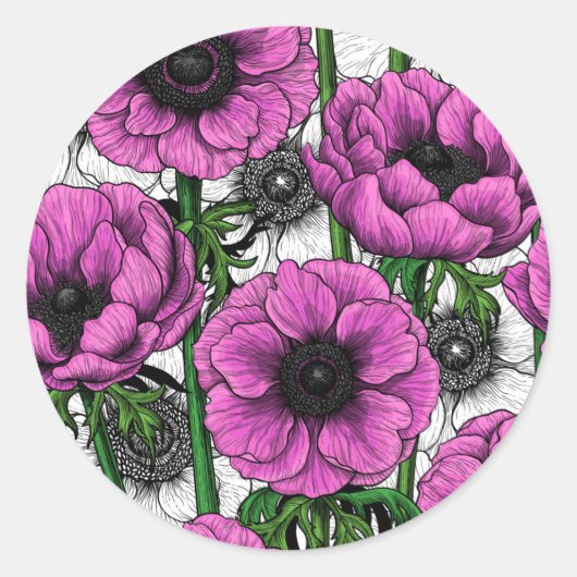 Roze anemontuin ronde sticker (Voorkant)